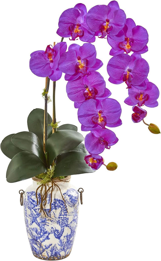 31” Phalaenopsis Orchid Artificial Weathered Ocean Vase Silk Arrangements No50