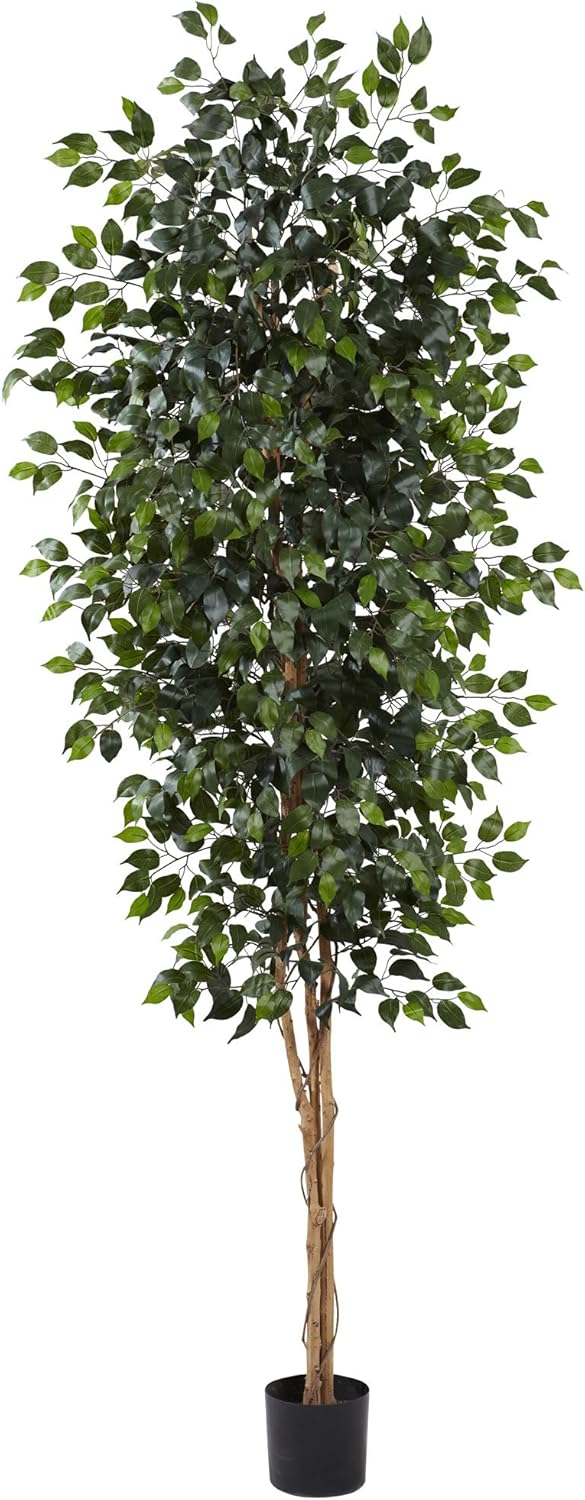 Nearly Natural 74-Inch Triple Trunk Artificial Ficus Tree with Natural Wood Trunks, Fake Tree for Indoor Home Décor, Faux Ficus Tree with Black Nurser No50