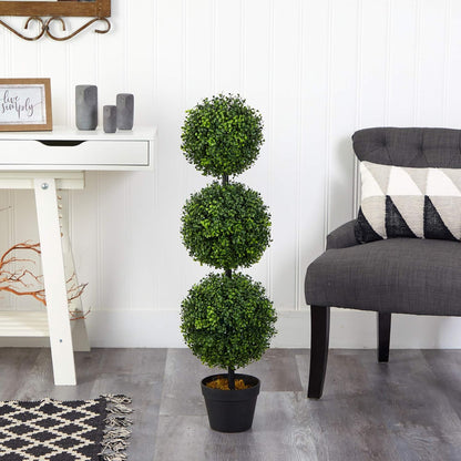 Nearly Natural 3ft. Artificial Triple Ball Boxwood Topiary Tree (Indoor/Outdoor) T2021, Green