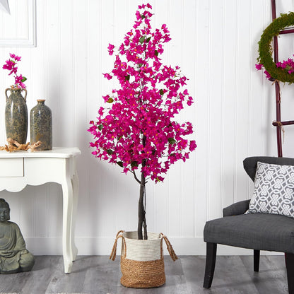 6ft. Pink Artificial Bougainvillea Tree with Handmade Jute & Cotton Basket