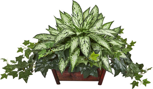 Silver Queen and Ivy Artificial Decorative Planter Silk Plants, Green
