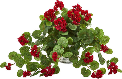 Geranium Artificial Vintage Hanging Planter Silk Plants, Red