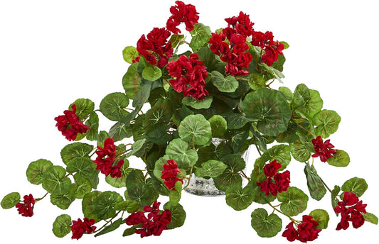 Geranium Artificial Vintage Hanging Planter Silk Plants, Red