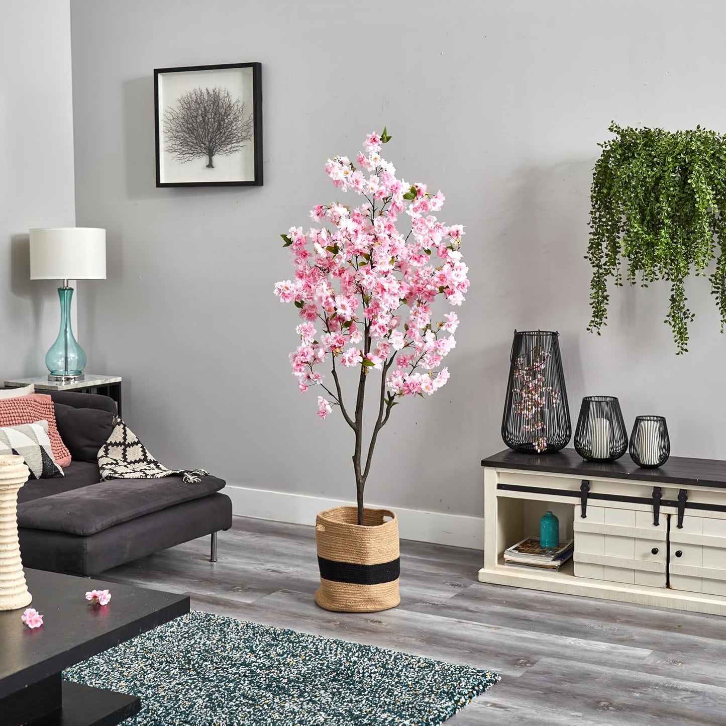 6ft. Artificial Cherry Blossom Tree with Handmade Jute & Cotton Basket