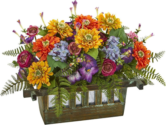 Mixed Floral Arrangement in Rectangular Wood Planter Artificial Plant Multi-colored 13x20x14