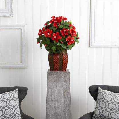 6667 Hibiscus with Vase Decorative Silk Plant, Red 30" x 9" x 7.5" No50