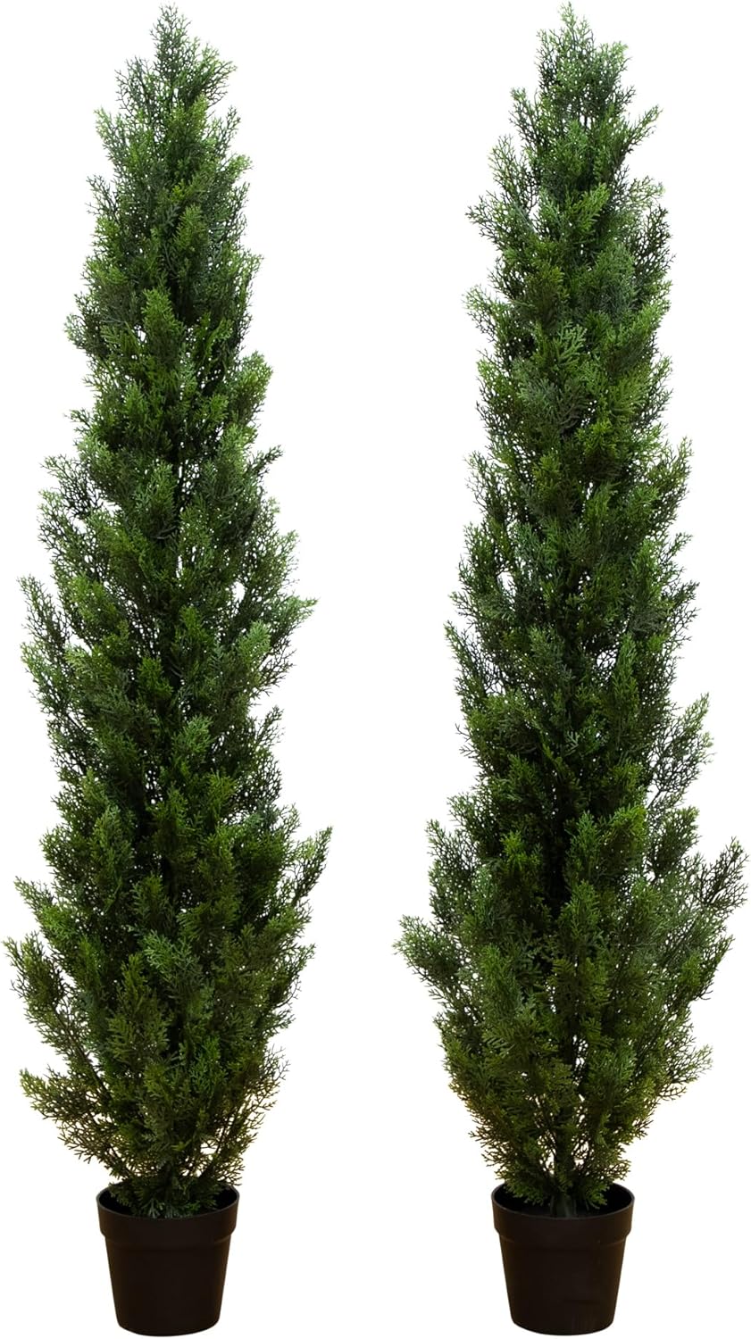 6ft UV Resistant Artificial Cedar Topiary Trees - Set of 2, Cone Shaped, Maintenance-Free, Perfect for Indoor and Outdoor Decor