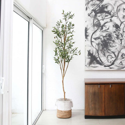 Olive Tree Artificial Indoor 7FT Tall with Jute Basket Planter Fake Olive Tree for Home & Office Decor, Faux Olive Tree with Natural Wo