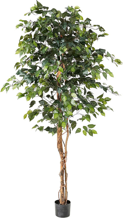 Nearly Natural 74-Inch Triple Trunk Artificial Ficus Tree with Natural Wood Trunks, Fake Tree for Indoor Home Décor, Faux Ficus Tree with Black Nurser No50