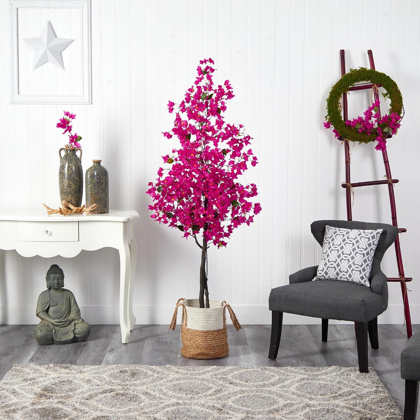 6ft. Pink Artificial Bougainvillea Tree with Handmade Jute & Cotton Basket
