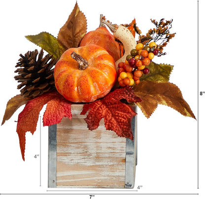 8in. Fall Pumpkin, Gourd, Berries and Pinecones Artificial Autumn Arrangement in Natural Washed Vase