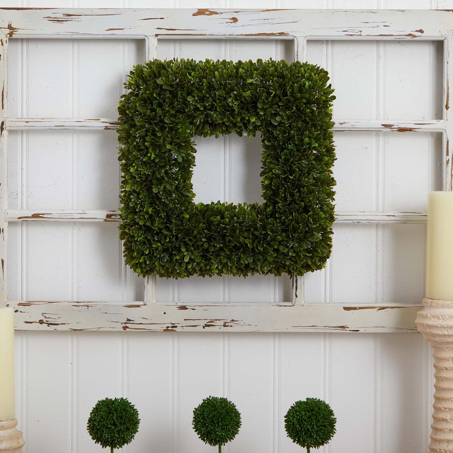 17" Tea Leaf Square Wreath UV Resistant Artificial Plant, Green