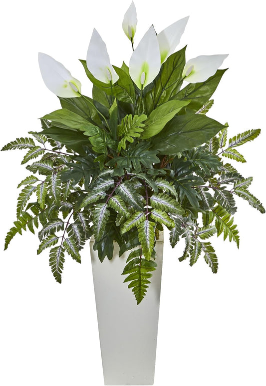 Mixed Spathiphyllum Artificial Plant in White Tower Vase