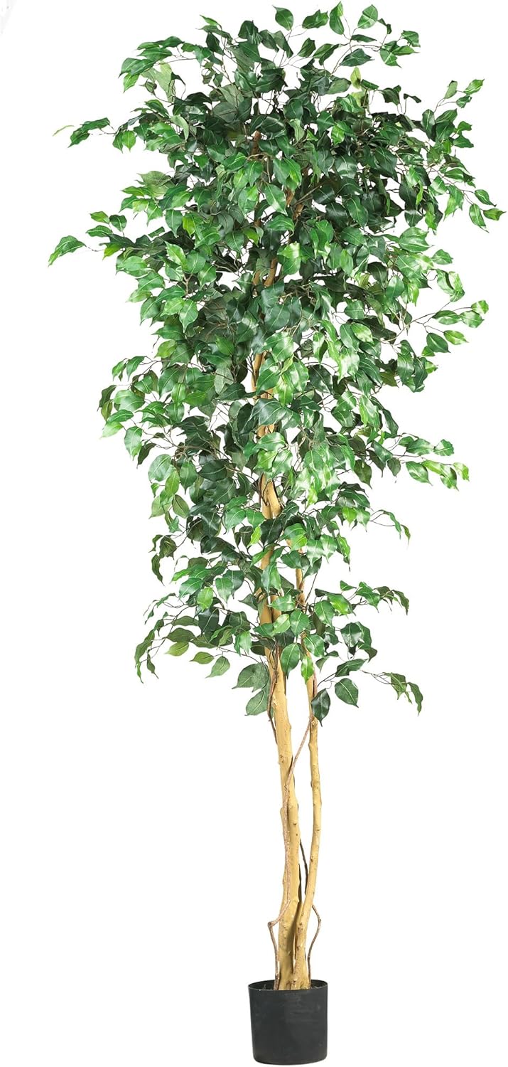 Nearly Natural 74-Inch Triple Trunk Artificial Ficus Tree with Natural Wood Trunks, Fake Tree for Indoor Home Décor, Faux Ficus Tree with Black Nurser No50