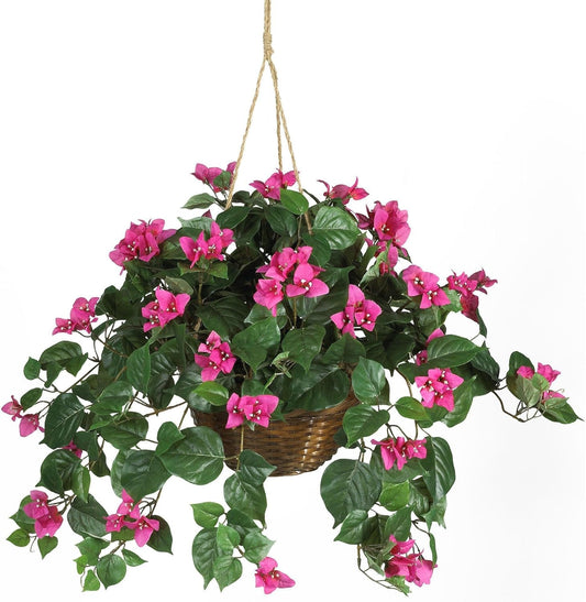 Artificial Bougainvillea Hanging Flower Basket Faux Plant for Indoor Decoration with Brown Wicker Hanging Basket, 32"D x 32"W x 24"H