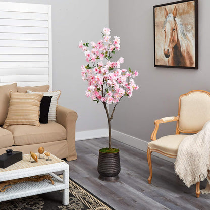5.5ft. Cherry Blossom Artificial Tree in Ribbed Metal Planter