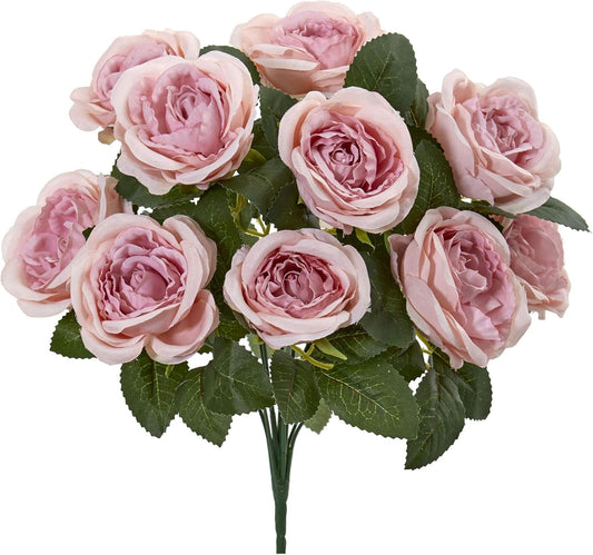 14” Rose Bush Artificial (Set of 6) Silk Flowers, Pink No50