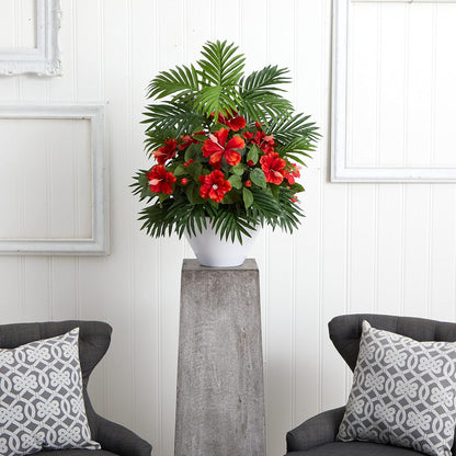 Hibiscus and Areca Palm Artificial White Bowl Silk Plants, Red