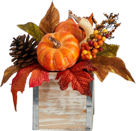 8in. Fall Pumpkin, Gourd, Berries and Pinecones Artificial Autumn Arrangement in Natural Washed Vase