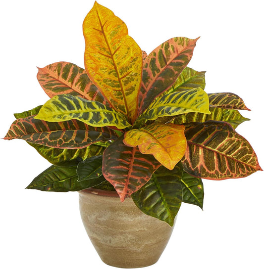 15in. Garden Croton Artificial Plant in Ceramic Planter (Real Touch) No50