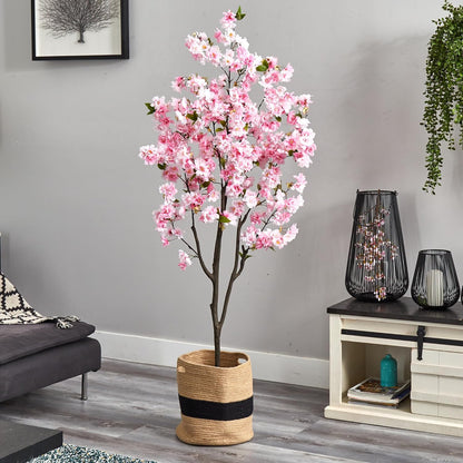 6ft. Artificial Cherry Blossom Tree with Handmade Jute & Cotton Basket