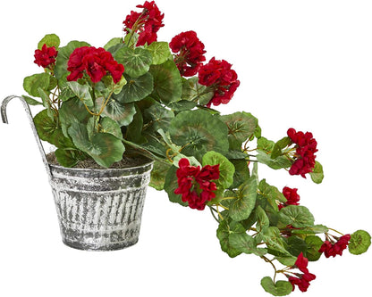 Geranium Artificial Vintage Hanging Planter Silk Plants, Red