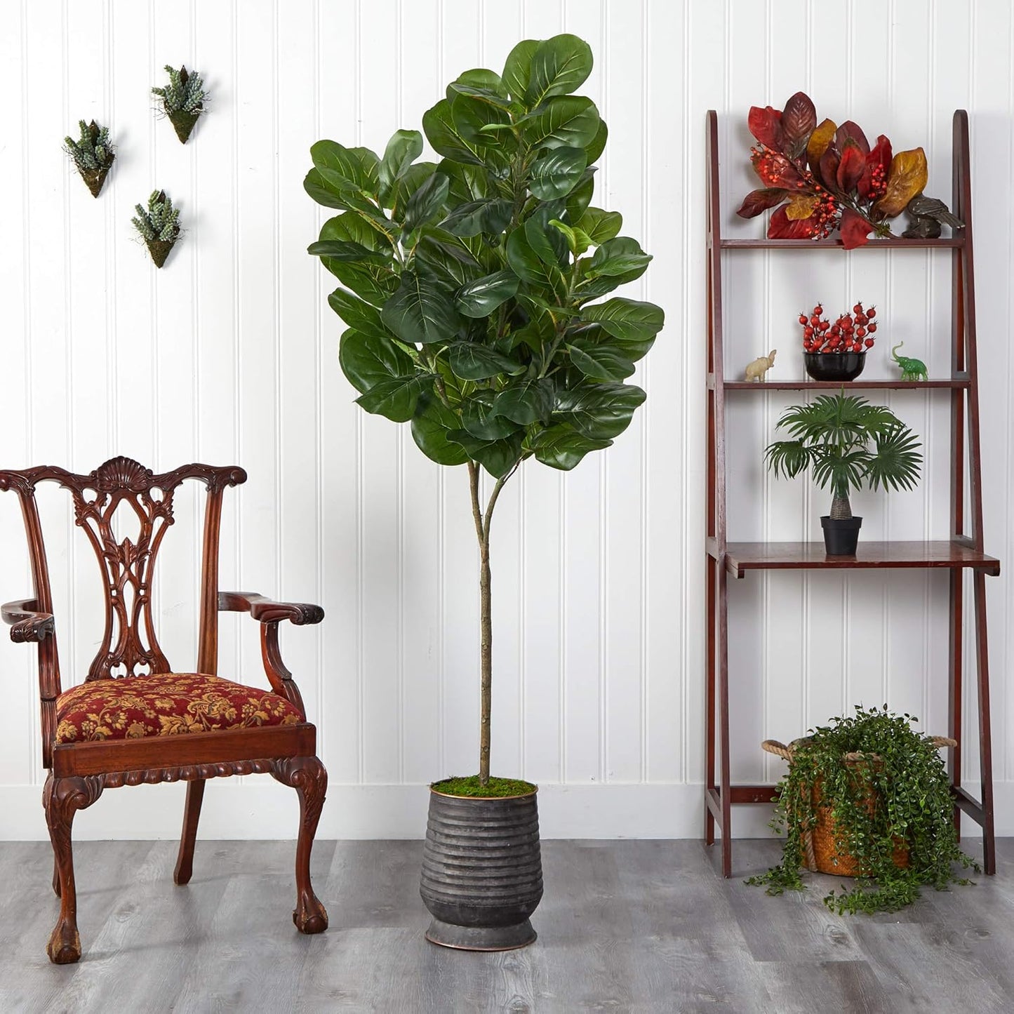 74in. Fiddle Leaf Fig Artificial Tree in Ribbed Metal Planter