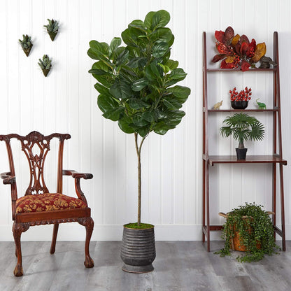 74in. Fiddle Leaf Fig Artificial Tree in Ribbed Metal Planter