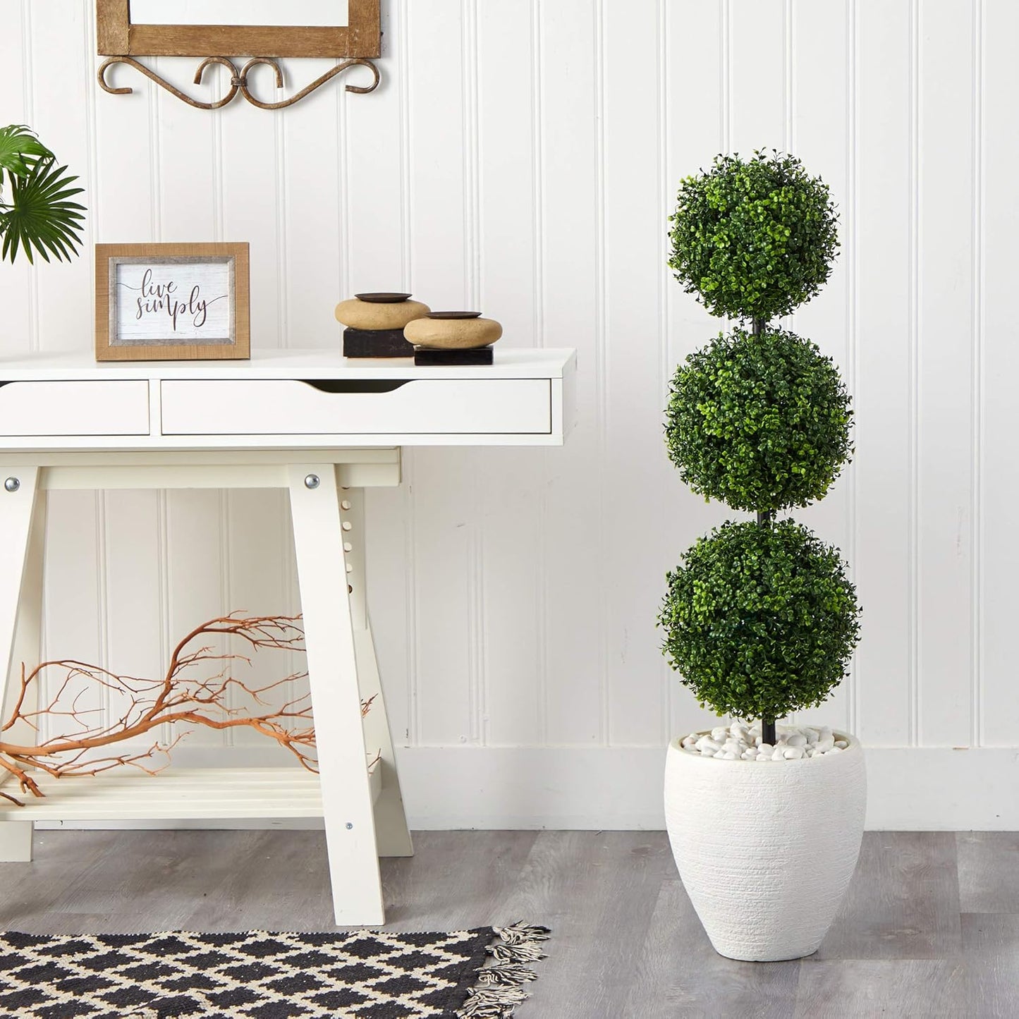 Nearly Natural 3.5ft. Boxwood Triple Ball Topiary Artificial Tree in White Planter (Indoor/Outdoor)