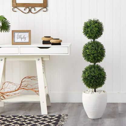 Nearly Natural 3.5ft. Boxwood Triple Ball Topiary Artificial Tree in White Planter (Indoor/Outdoor)