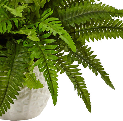 6308 Boston Fern in White Planter Artificial Plant, Green