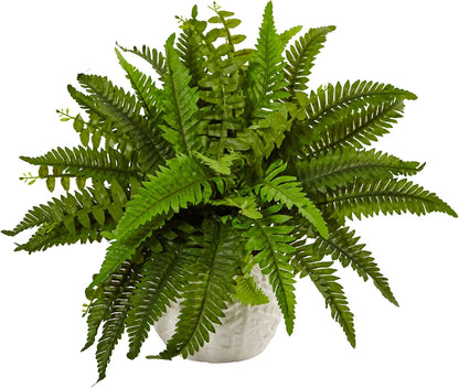 6308 Boston Fern in White Planter Artificial Plant, Green