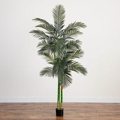 8FT Artificial Golden Cane Palm Tree, Fake Palm Tree with Two Realistic Trunks and Lifelike Palm Leaves, Faux Palm Plant for Indoor Hom