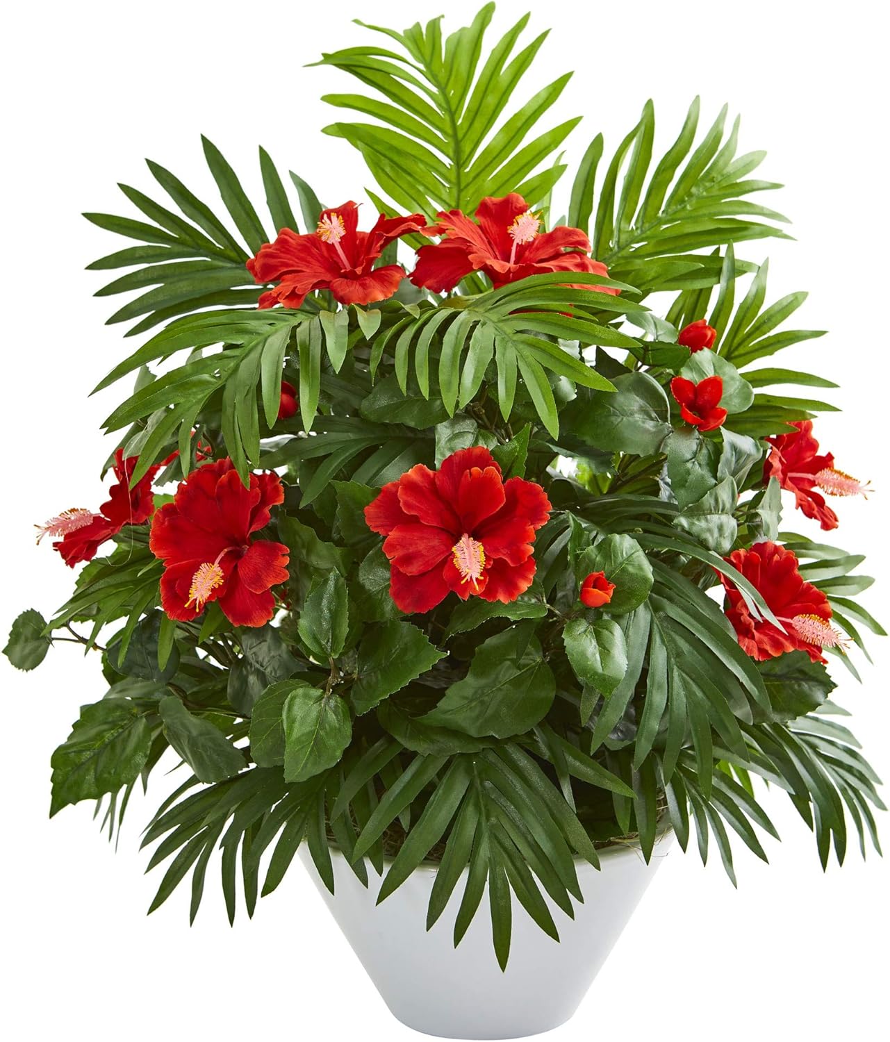 Hibiscus and Areca Palm Artificial White Bowl Silk Plants, Red