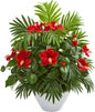 Hibiscus and Areca Palm Artificial White Bowl Silk Plants, Red
