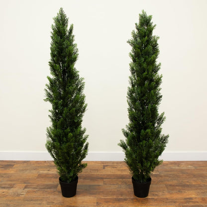 6ft UV Resistant Artificial Cedar Topiary Trees - Set of 2, Cone Shaped, Maintenance-Free, Perfect for Indoor and Outdoor Decor