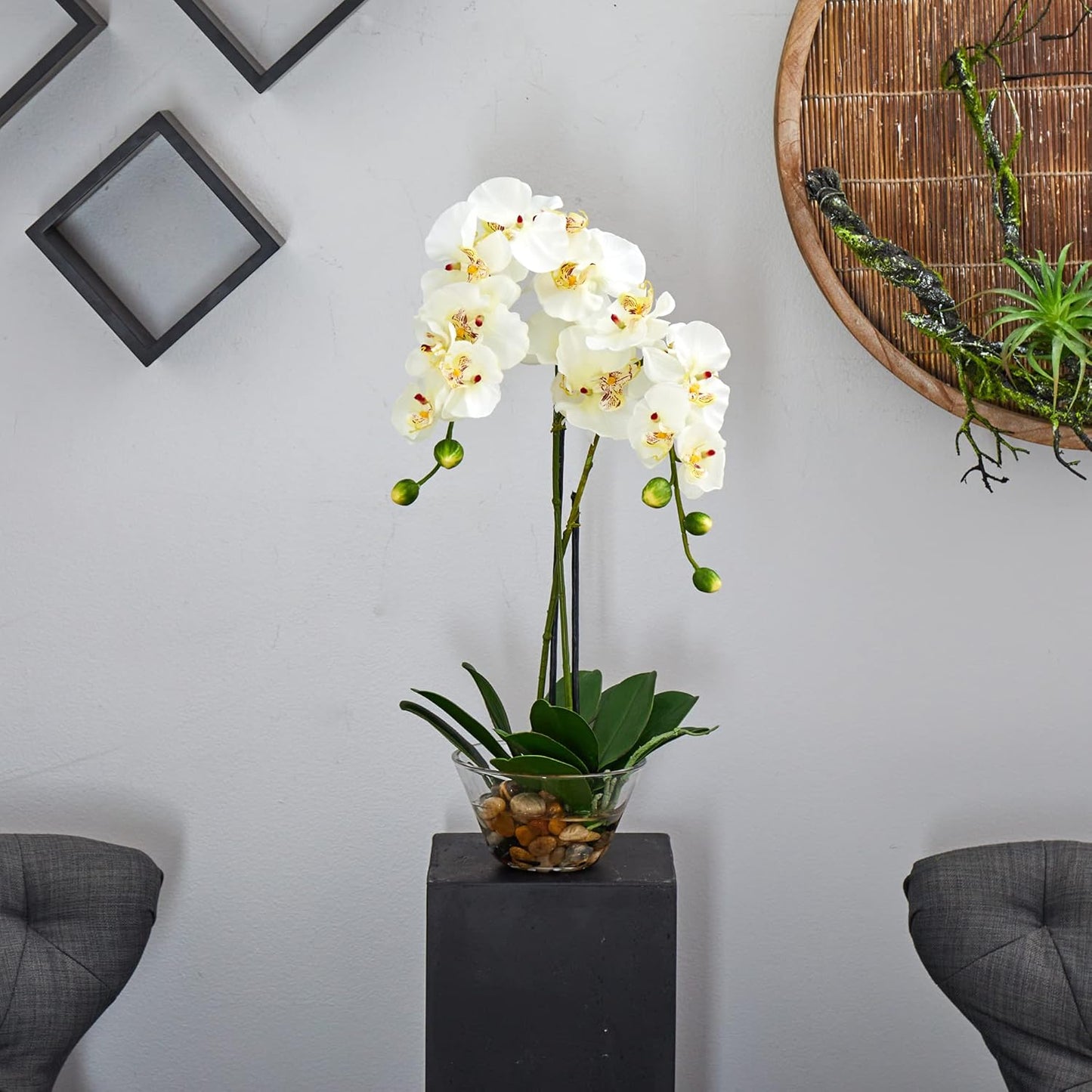 4643-WH Phalaenopsis with Glass Vase Decorative Silk Flower Arrangement, White 29 x 10.25 x 10.25 No50