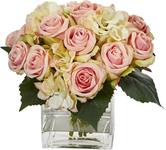 Rose and Hydrangea Bouquet Artificial Arrangement in Vase