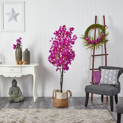 6ft. Artificial Bougainvillea Tree with Handmade Jute & Cotton Basket