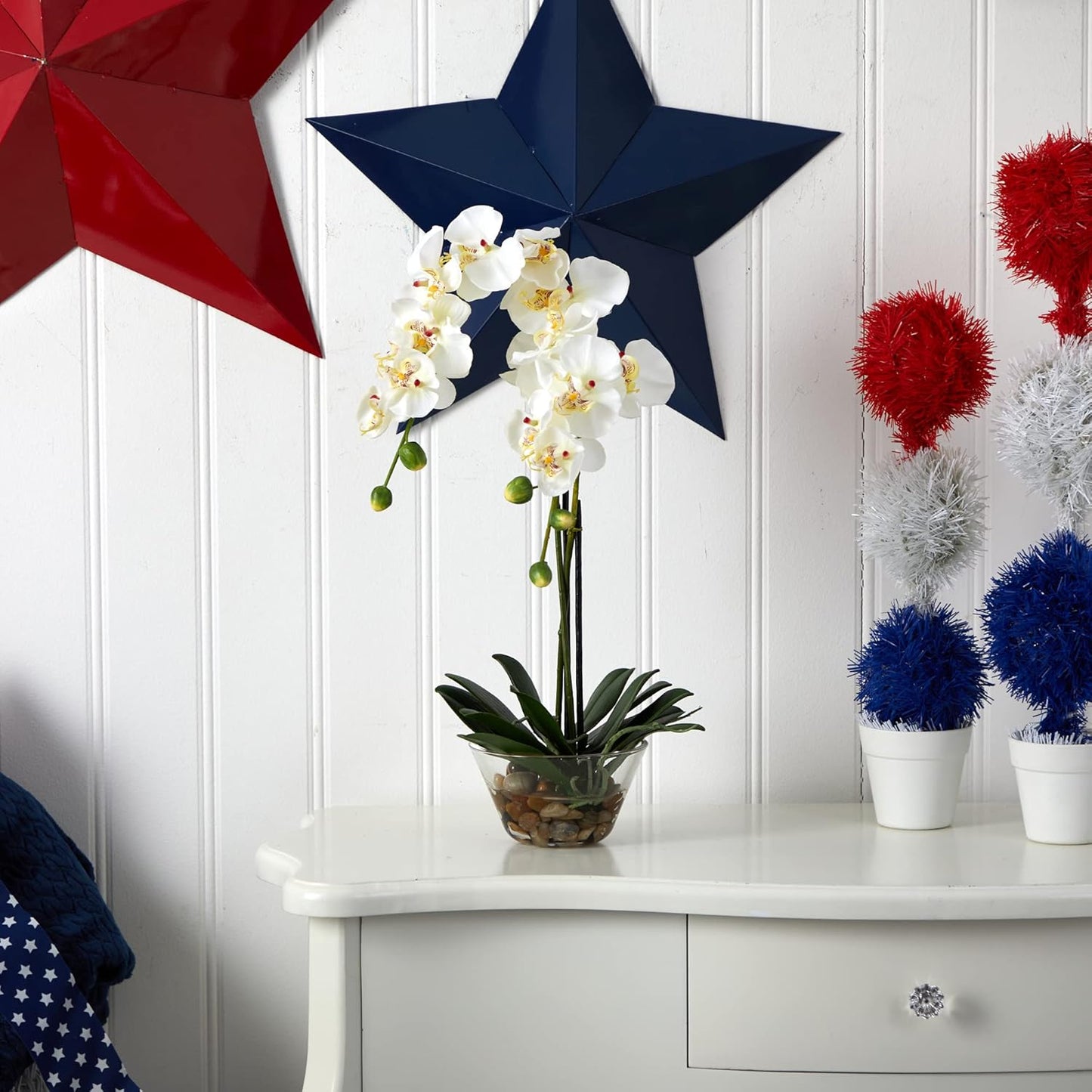 4643-WH Phalaenopsis with Glass Vase Decorative Silk Flower Arrangement, White 29 x 10.25 x 10.25 No50