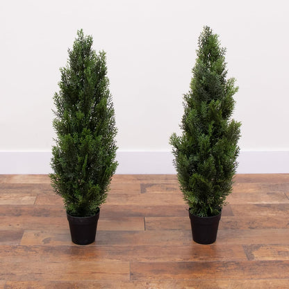 Nearly Natural 3ft Cedar Pine Artificial Tree, UV Resistant, Realistic Cone-Shaped Greenery, Indoor/Outdoor Decor, Set of 2