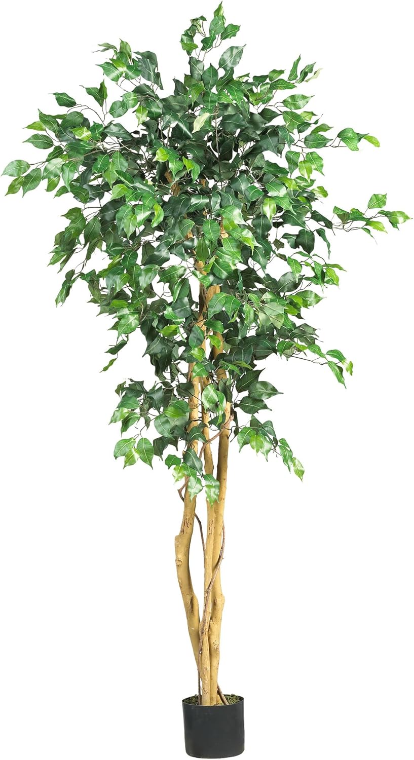 Nearly Natural 74-Inch Triple Trunk Artificial Ficus Tree with Natural Wood Trunks, Fake Tree for Indoor Home Décor, Faux Ficus Tree with Black Nurser No50