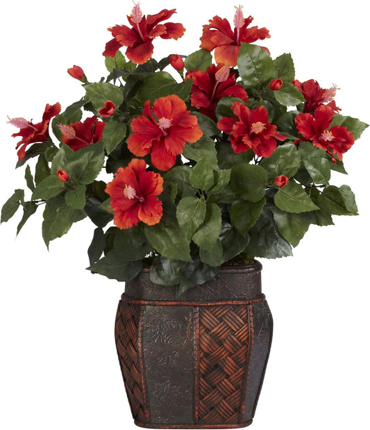 6667 Hibiscus with Vase Decorative Silk Plant, Red 30" x 9" x 7.5"