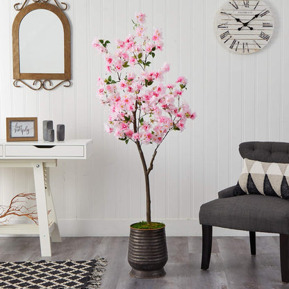 5.5ft. Cherry Blossom Artificial Tree in Ribbed Metal Planter