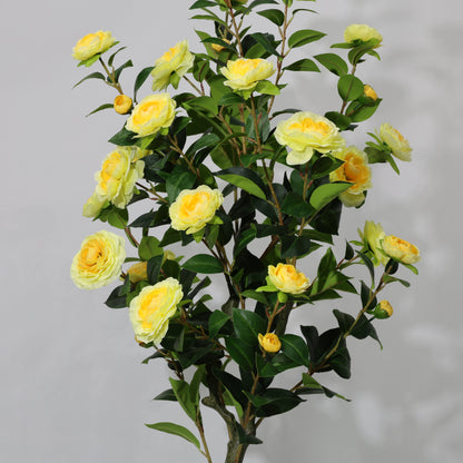 150cm Potted Single-Stem Yellow Camellia Green leaf Artificial Blossom Tree