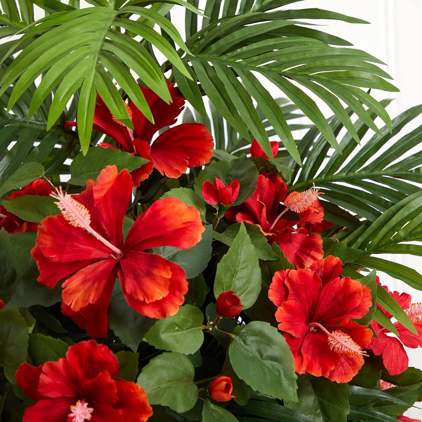 Hibiscus and Areca Palm Artificial White Bowl Silk Plants, Red