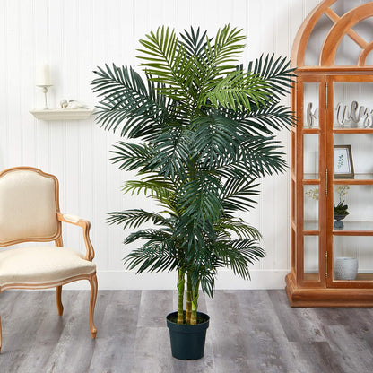 Nearly Natural 6.5FT Artificial Golden Cane Palm Tree, Fake Palm Tree with Three Realistic Trunks and 333 Lifelike Palm Leaves, Faux Palm Plant for In