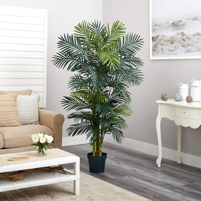 Nearly Natural 6.5FT Artificial Golden Cane Palm Tree, Fake Palm Tree with Three Realistic Trunks and 333 Lifelike Palm Leaves, Faux Palm Plant for In