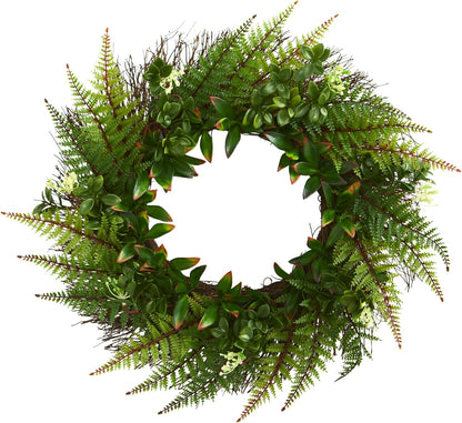 23” Assorted Fern Wreath UV Resistant (Indoor/Outdoor) Artificial Plant, Green