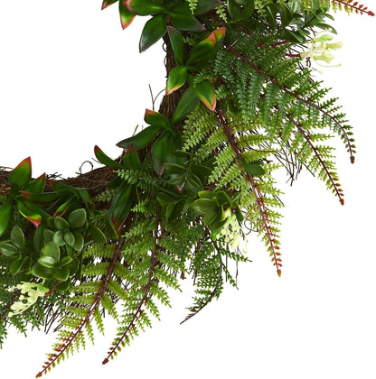 23” Assorted Fern Wreath UV Resistant (Indoor/Outdoor) Artificial Plant, Green